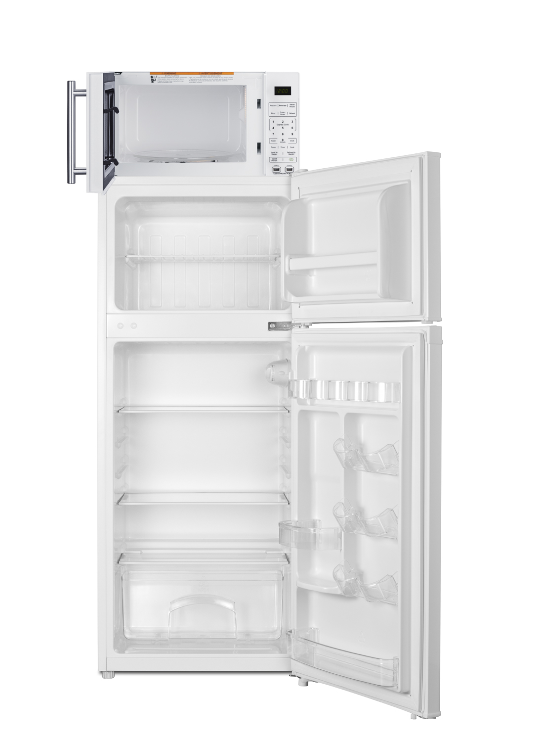 2-door mid-sized refrigerator-freezer and compact microwave in white with allocator and USB ports for 1-plug operation; ships in three boxes on one pallet